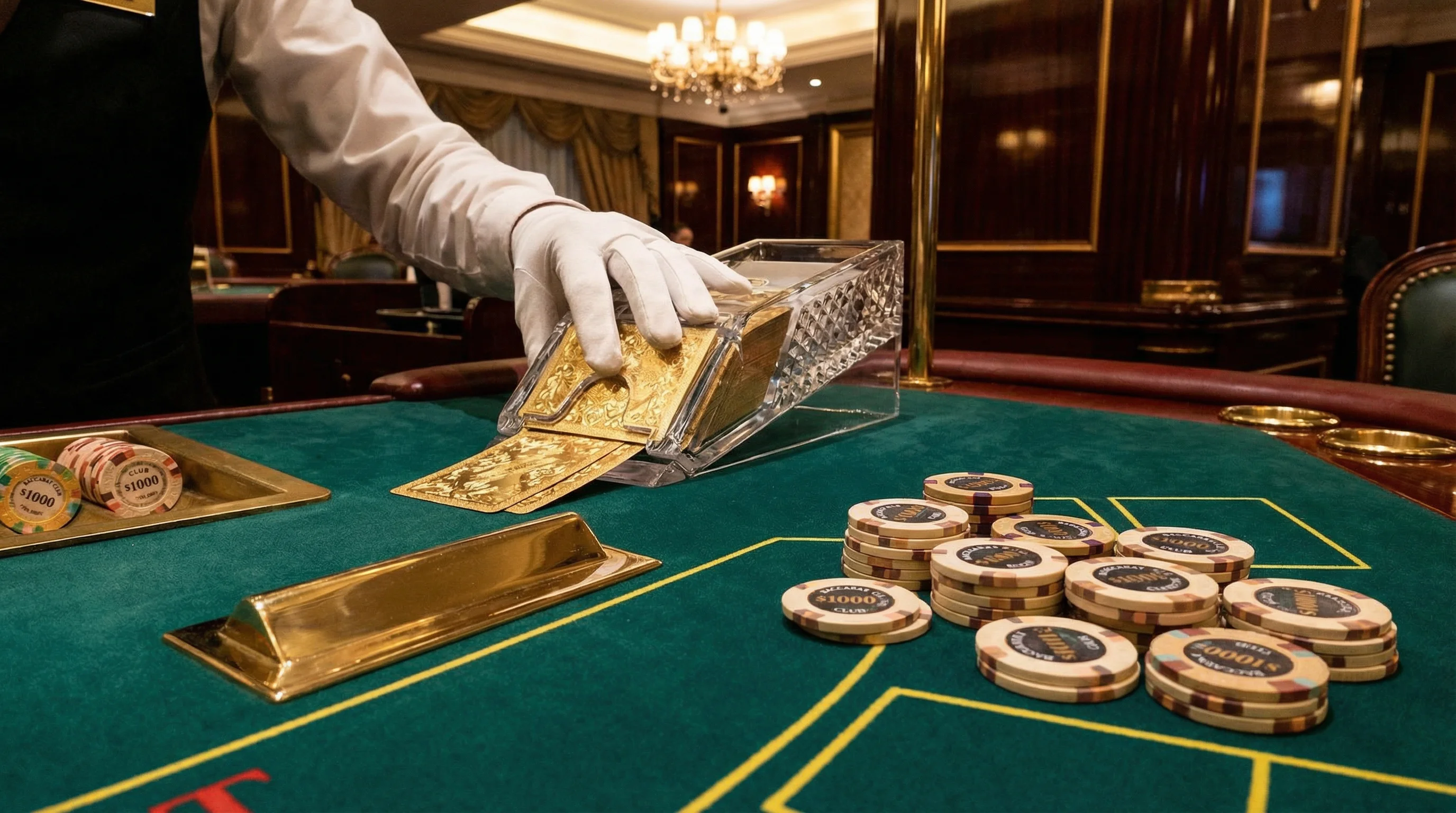 Mesa de bacará elegante con cartas doradas y fichas de alto valor
