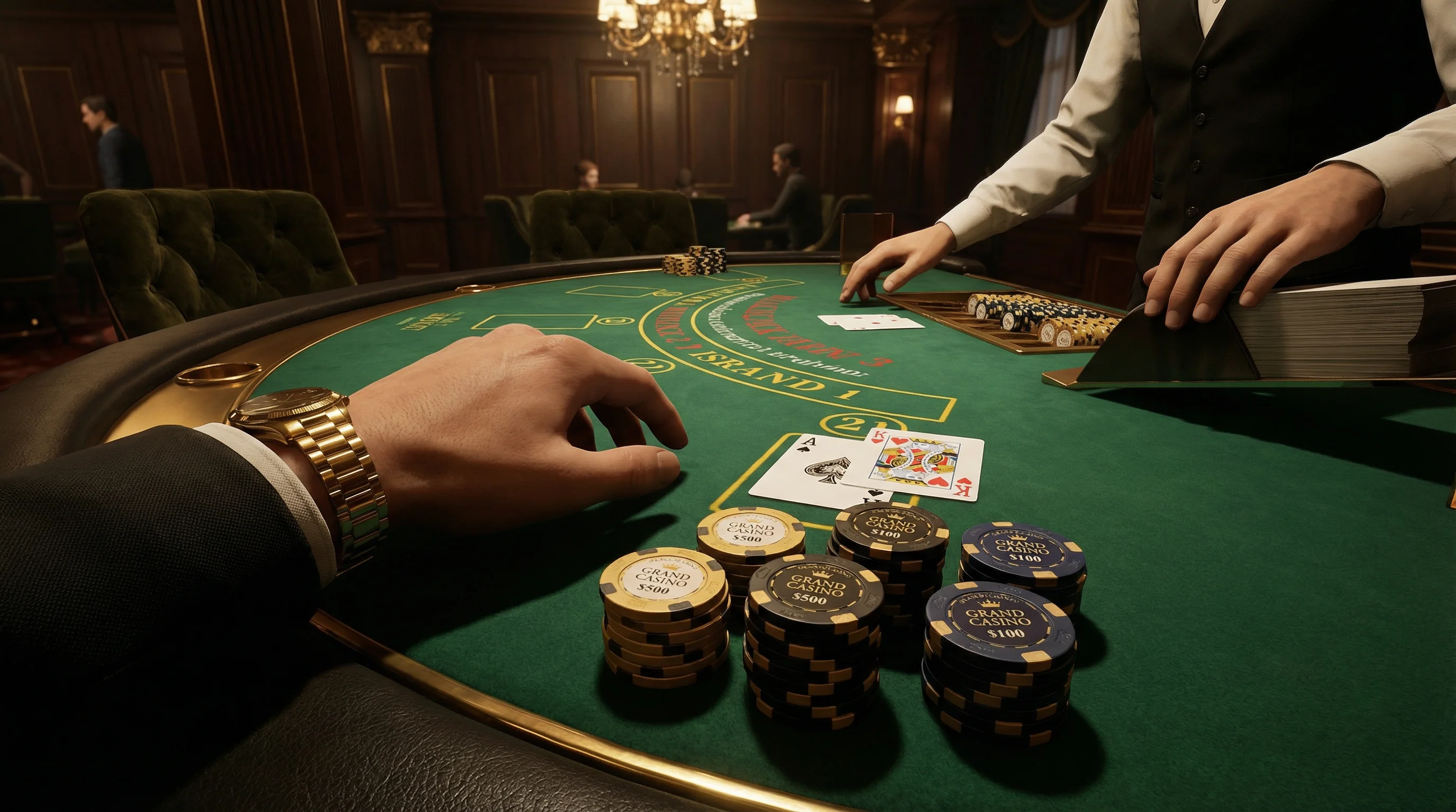 Mesa de blackjack con cartas mostrando 21 y fichas de casino