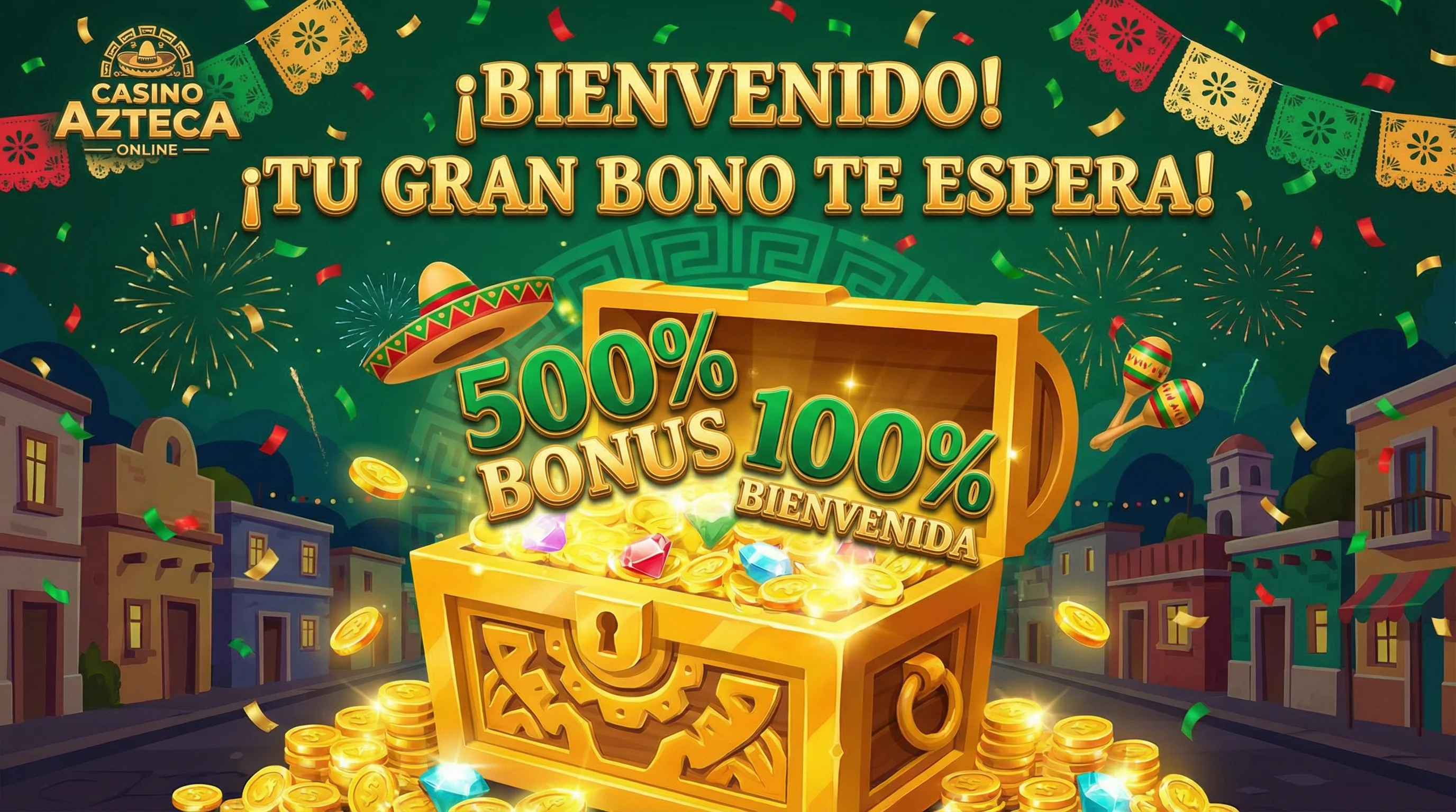 Bono de bienvenida con cofre de tesoro y monedas de oro