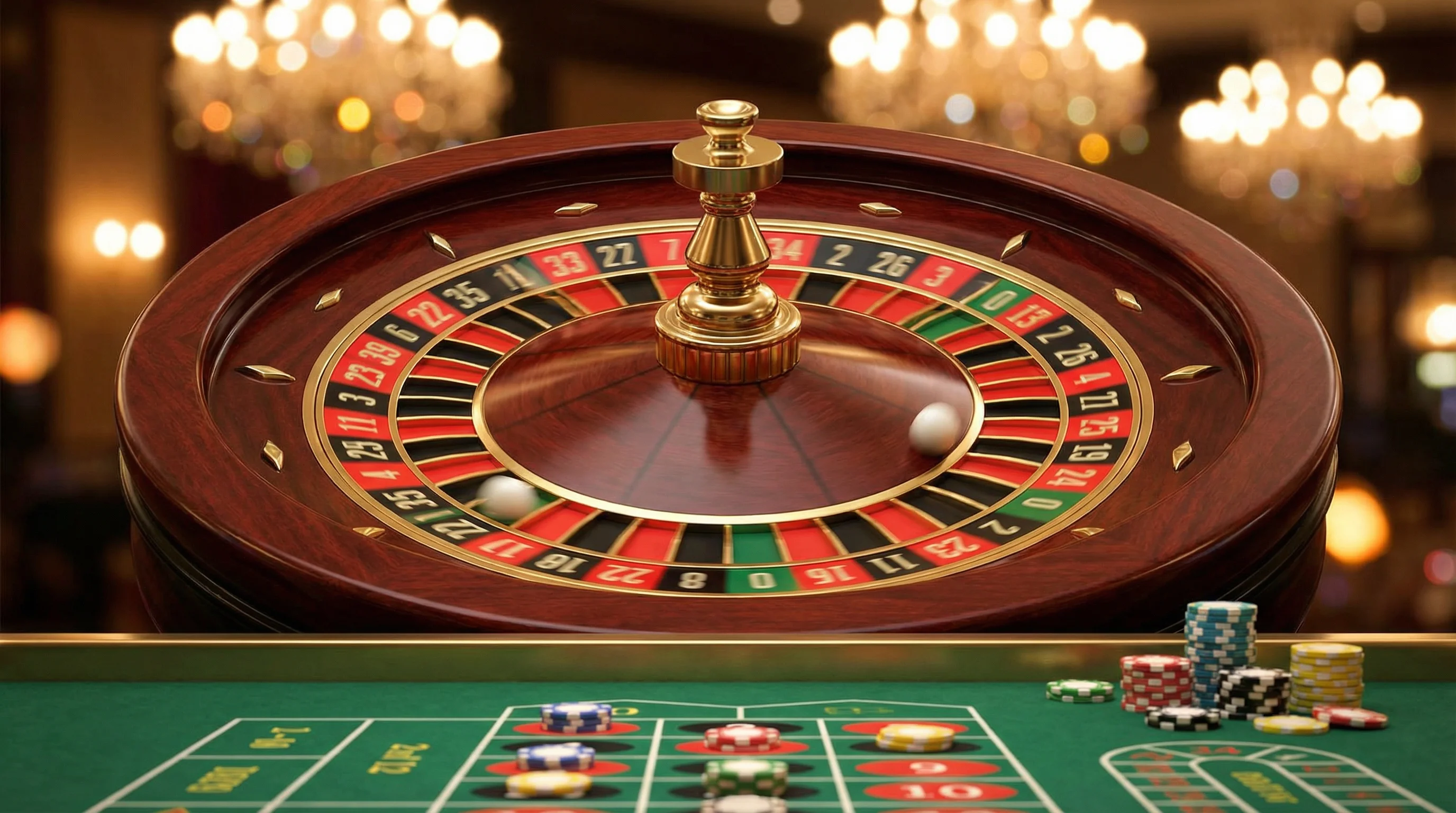 Ruleta europea girando con bola y fichas de apuesta